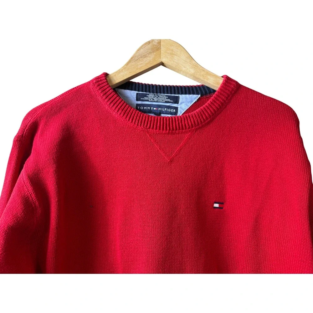 VTG Tommy Hilfiger Men's Red Crew Neck Long Sleeve Sweater Large Preppy